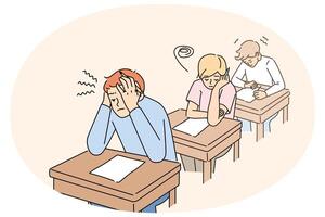 Anxious students write test in classroom vector