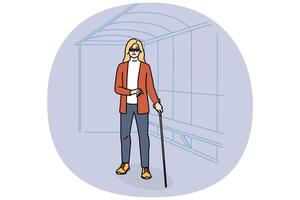 Blind woman with cane wait on bus stop vector