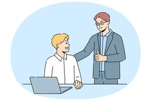 Smiling businessman show thumb up to employee working on laptop vector