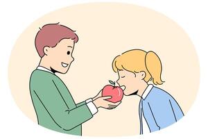 Smiling children share apple vector