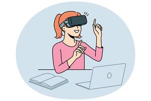 Smiling child studying with VR glasses vector