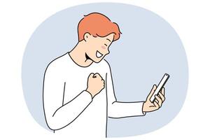 Smiling man read good news on mobile vector