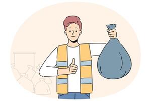 Man collector with plastic bag with waste vector