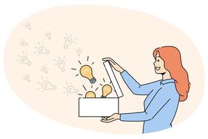 Smiling woman open box full of lightbulbs vector