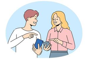 Smiling couple browse internet on cellphones vector