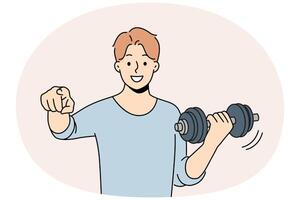 Man with dumbbell point at screen vector