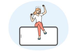 Smiling woman sit on mobile with mockup screen vector