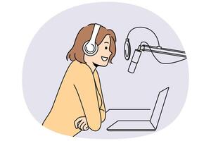 Smiling woman host record podcast in studio vector