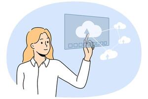 Smiling businesswoman work with cloud computer system vector