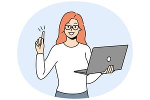 Smiling businesswoman with laptop generate business idea vector