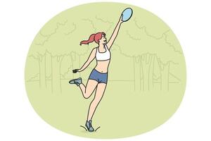 Smiling girl play with frisbee in park vector