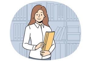 Smiling businesswoman with folder posing in office vector