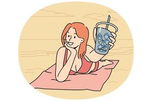 Smiling woman in bikini lying on beach vector
