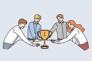 Team of business people fight for golden cup, standing around table and holding out hands to trophy vector