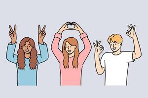 Multiethnic people students smiling showing approval gestures and raising hands up vector