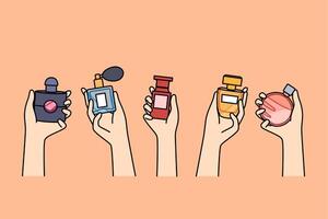 Bottles of perfume in hands of women choosing new scent to create desired look when going to party vector