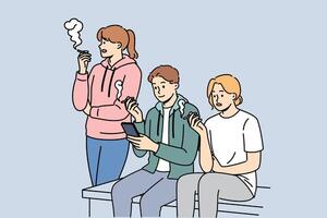 Tobacco addiction in people sitting on street and smoking cigarettes during break from work vector