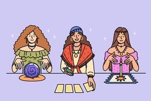 Female fortune tellers use tarot cards and oracle crystal ball to predict future vector