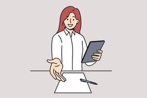 Woman recruiter welcomes new applicant to interview, extending hand to screen standing near table vector
