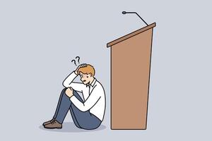 Man experiences peiraphobia, which causes fear speaking in front of audience, sits near empty podium vector