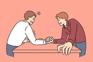 Men engage in arm wrestling to find out who is stronger and prove own leadership in business team vector