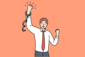 Business man feels joy after being fired from job, joyfully waving handcuffed hands vector