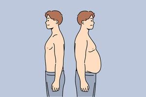 Thin and fat men stand side by side demonstrating changes in figures after eating fast food vector