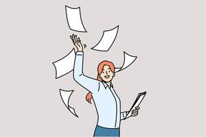 Woman office clerk throws documents up, rejoicing of digitalization and reduction of paperwork vector