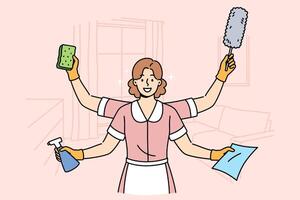 Woman maid is ready to clean apartment, working in multitasking mode thanks to presence four hands vector