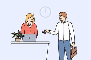 Man rents hotel room while talking to administrator standing near reception desk with laptop vector