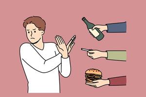 Man gives up bad habits, making forbidden gesture near hands with alcohol and cigarettes or fastfood vector