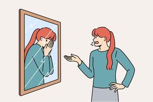 Woman scolds own reflection in mirror, for concept of low self-esteem and dipression vector