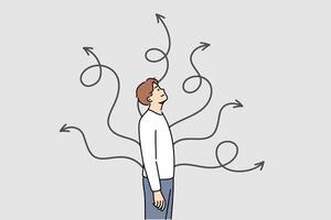 Man chooses way to solve situation, standing near arrows pointing in different directions vector