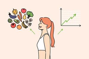 Woman switched to balanced diet feels improved immunity, stands near vegetables and increasing graph vector