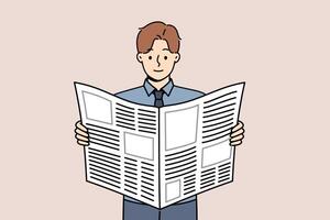 Man reads business newspaper to learn about news from large corporations or looks for job ads vector