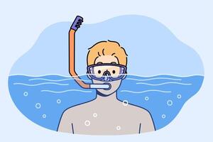 Man swims in pool with goggles and snorkel for breathing underwater during summer holiday at resort vector