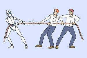 Competition between peoples and robot in tug of war, as metaphor for struggle for job vector