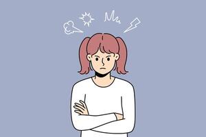 Angry little girl stands with arms crossed and looks at screen with hatred, showing disobedience vector