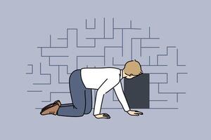 Man searching exit from labyrinth, crawling near miniature door, as metaphor for difficult situation vector