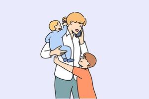 Mother makes business call and babysits children at same time, needing to hire nanny vector