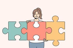 Successful woman unraveling puzzle and solving complex task while developing own startup vector