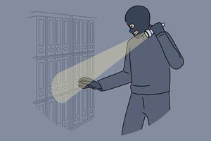 Spy steals documents and confidential data from office using flashlight and wearing mask vector
