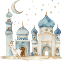 goat standing in front of a mosque with a moon in the sky png