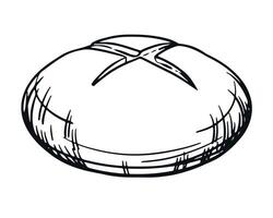 Drawing of a round loaf of bread. Bakery logo emblem. Line sketch, hand drawn, isolated on white background. illustration vector