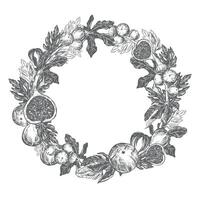 Figs round frame. hand drawn illustration on white background. Wreath of ropes, leaves, fruits on a white background. Graphic vintage print, engraving technique. vector