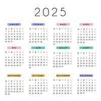 French calendar 2025 year. stationery square calendar week starts Monday. Yearly organizer. Simple calendar template in minimal design. Business illustration. vector