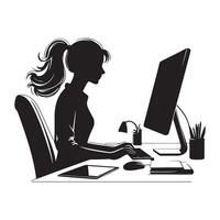A person is sitting and operating a computer silhouette art illustration. vector