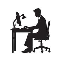 A person is sitting and operating a computer silhouette art illustration. vector