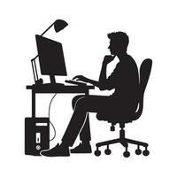 A person is sitting and operating a computer silhouette art illustration. vector
