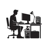 A person is sitting and operating a computer silhouette art illustration. vector